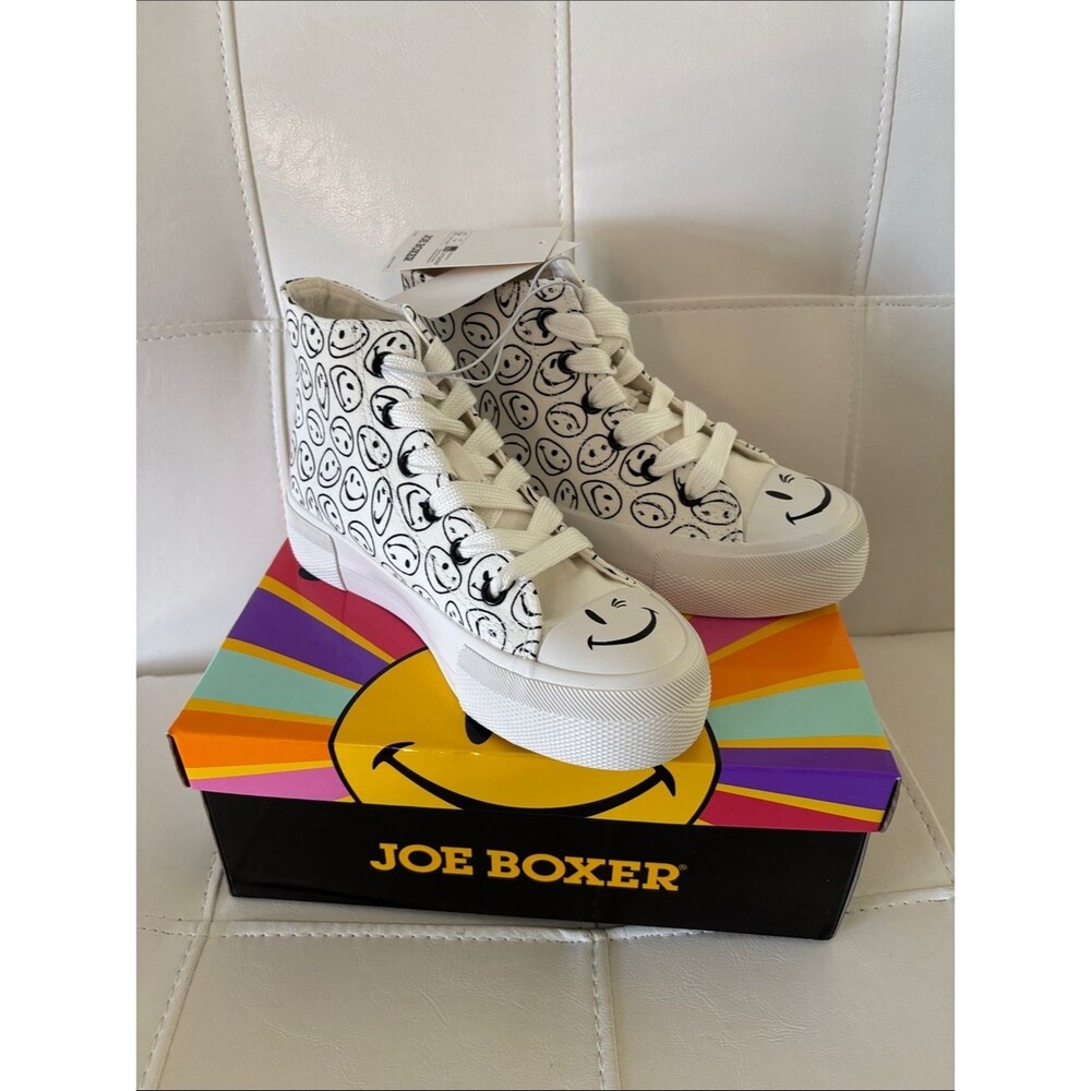 Joe Boxer White High-Top Sneakers with Black Smiley Print - Picture 5 of 6